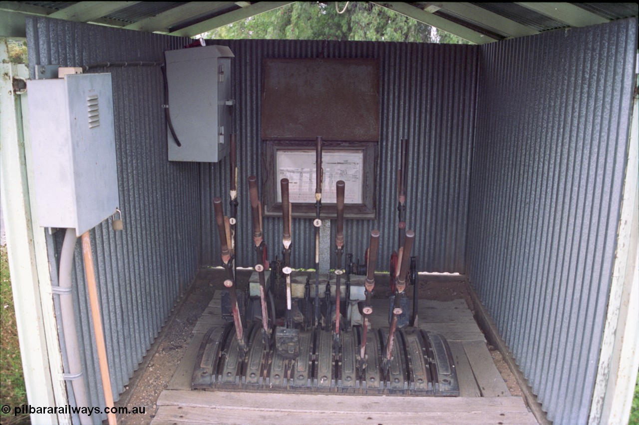 132-08
Ouyen, station platform signal box, signal diagram and signal levers.
