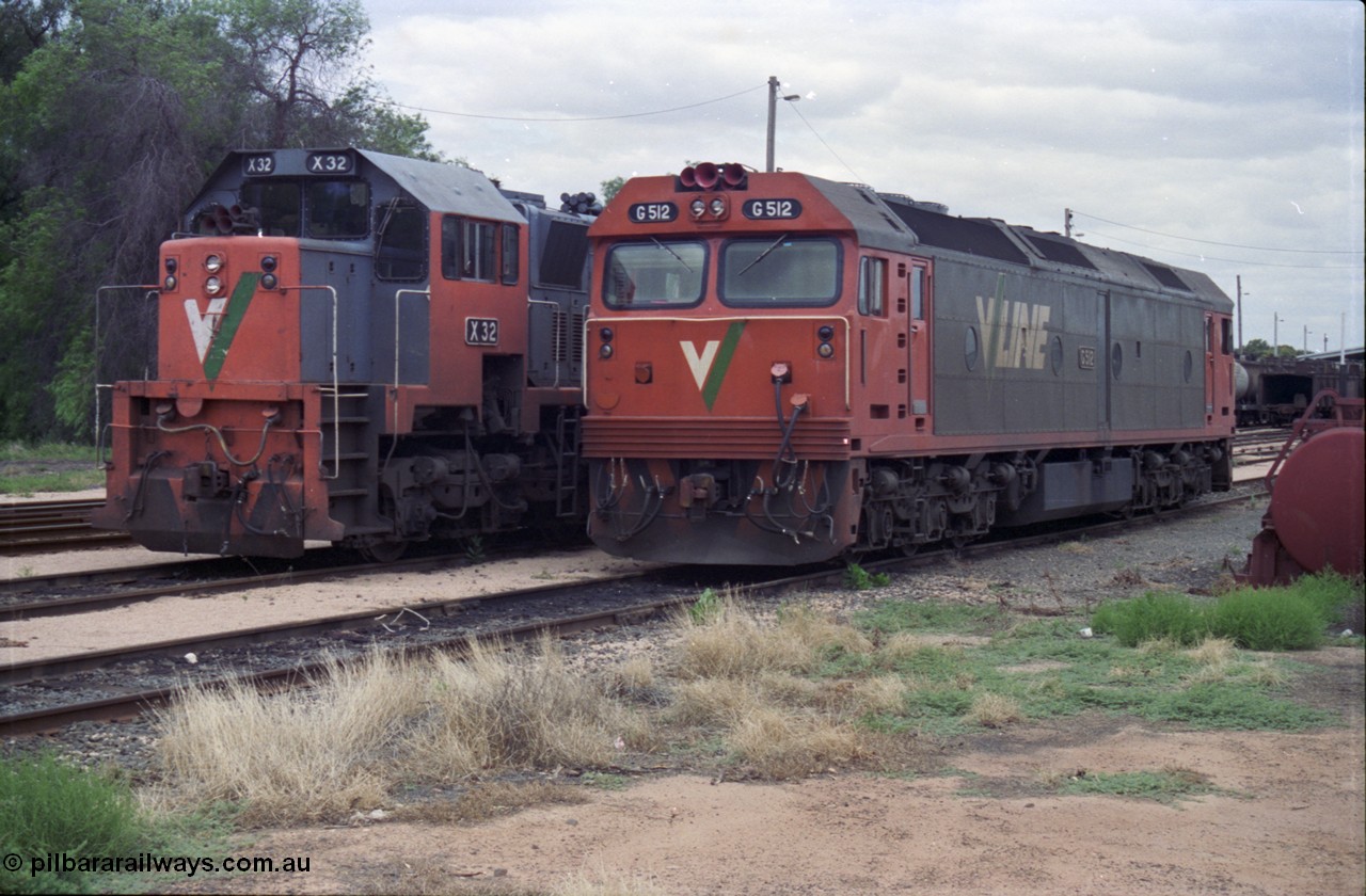 132-16
Mildura loco depot V/Line broad gauge X class X 32 Clyde Engineering EMD model G16C serial 66-485 and G class G 512 Clyde Engineering EMD model JT26C-2SS serial 84-1240 rest between jobs.
Keywords: G-class;G512;Clyde-Engineering-Rosewater-SA;EMD;JT26C-2SS;84-1240;