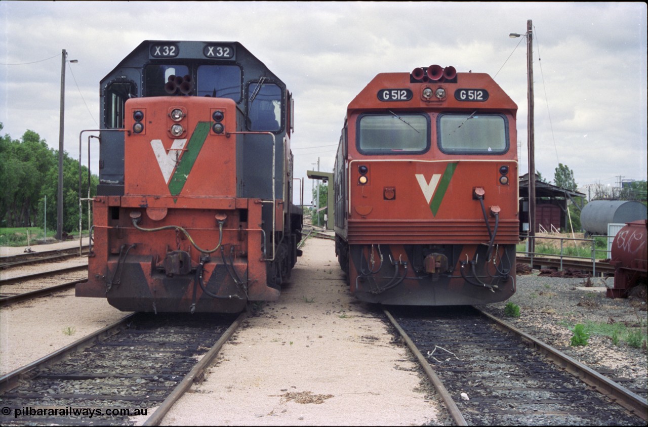 132-19
Mildura loco depot V/Line broad gauge X class X 32 Clyde Engineering EMD model G16C serial 66-485 and G class G 512 Clyde Engineering EMD model JT26C-2SS serial 84-1240, front view.
Keywords: X-class;X32;Clyde-Engineering-Granville-NSW;EMD;G16C;66-485;