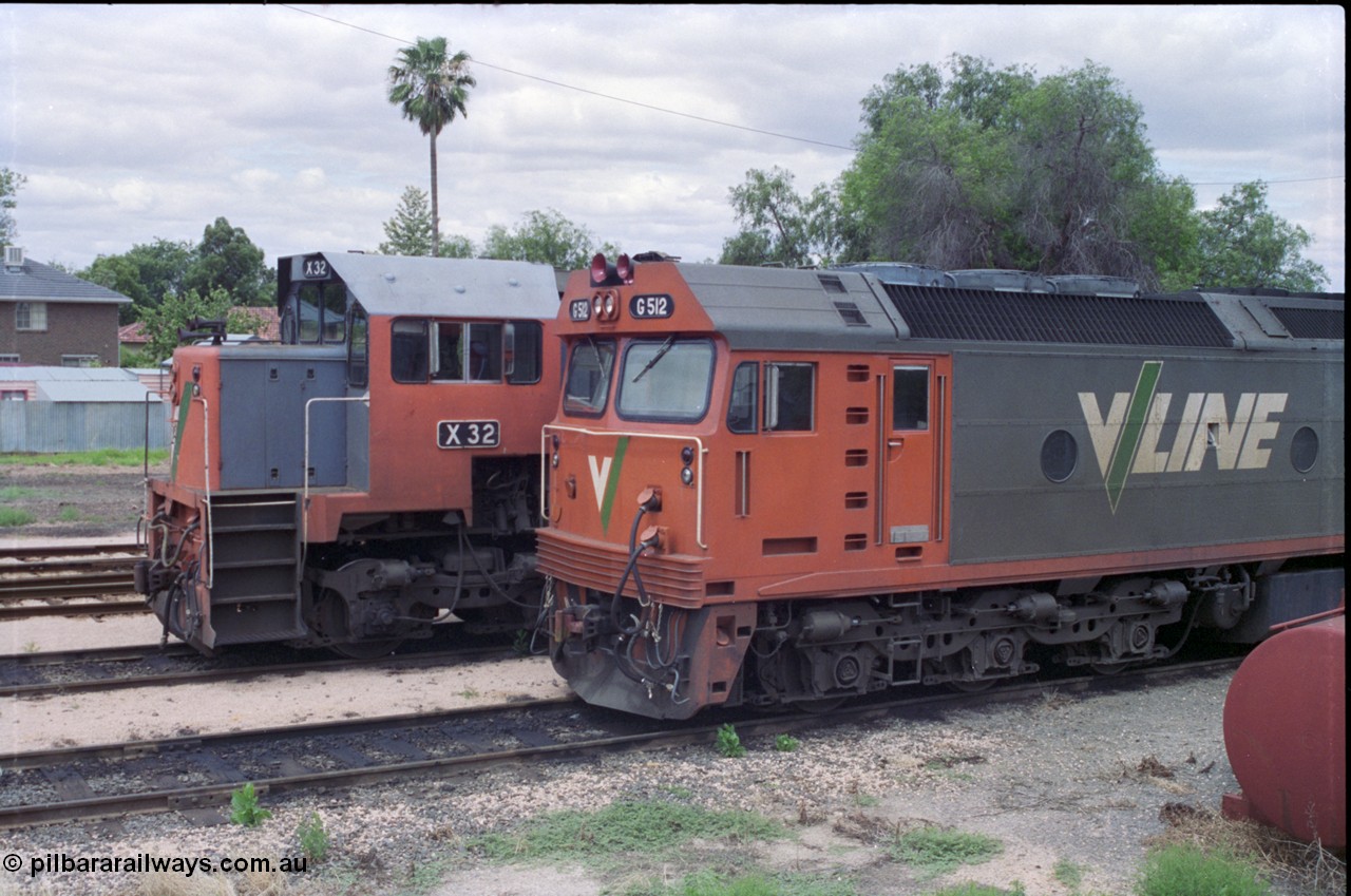 132-25
Mildura loco depot V/Line broad gauge X class X 32 Clyde Engineering EMD model G16C serial 66-485 and G class G 512 Clyde Engineering EMD model JT26C-2SS serial 84-1240, cab side view.
Keywords: G-class;G512;Clyde-Engineering-Rosewater-SA;EMD;JT26C-2SS;84-1240;X-class;X32;G16C;66-485;