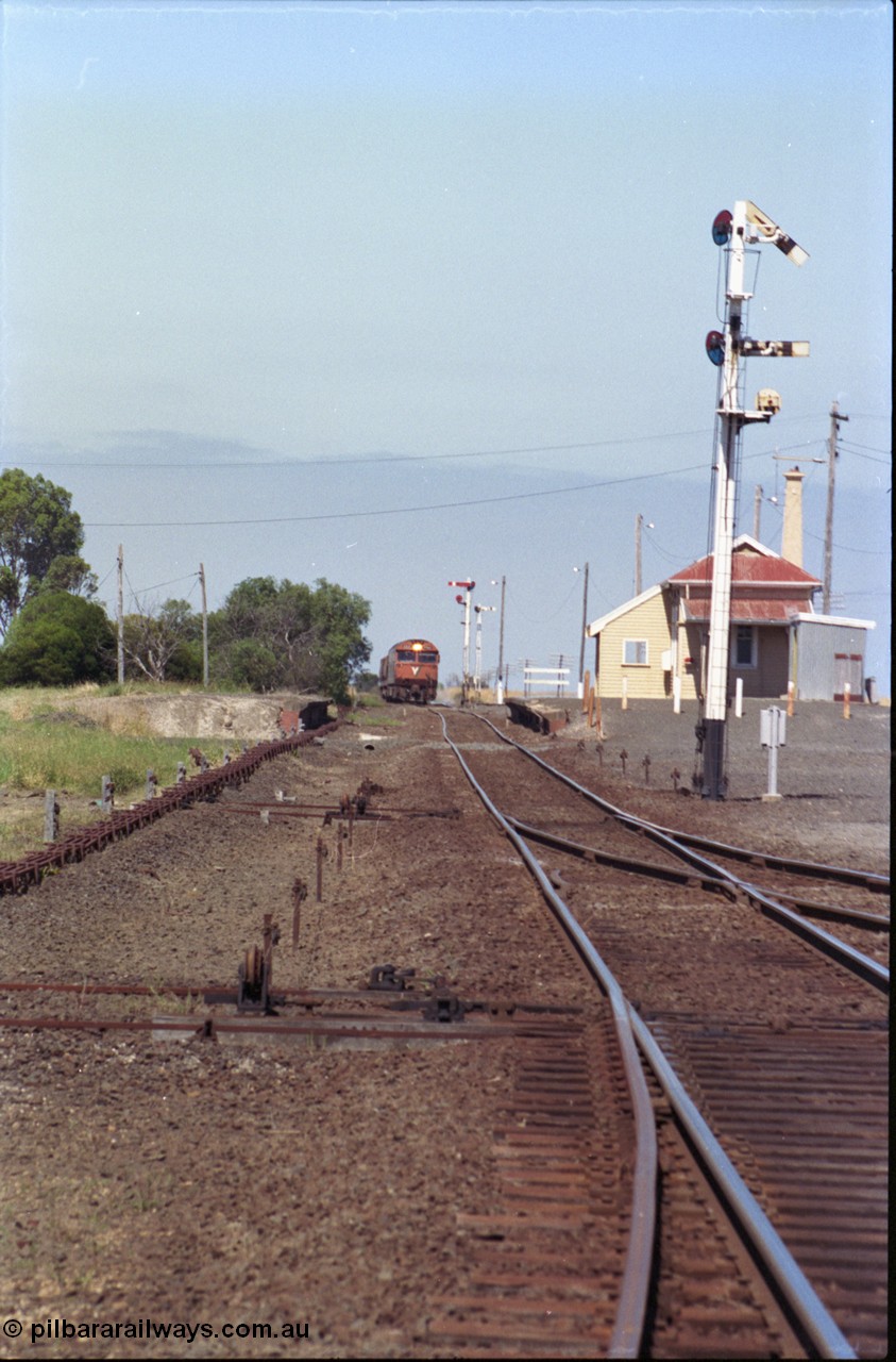 133-29
Gheringhap station yard overview, looking from Ballarat line points towards Geelong, semaphore signal post 4 pulled off for Cressy line, points, point rodding, signal wires and interlocking, V/Line broad gauge grain train 9123 on approach.
Keywords: G-class;G533;Clyde-Engineering-Somerton-Victoria;EMD;JT26C-2SS;88-1263;