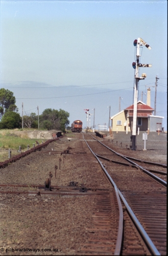 133-29
Gheringhap station yard overview, looking from Ballarat line points towards Geelong, semaphore signal post 4 pulled off for Cressy line, points, point rodding, signal wires and interlocking, V/Line broad gauge grain train 9123 on approach.
Keywords: G-class;G533;Clyde-Engineering-Somerton-Victoria;EMD;JT26C-2SS;88-1263;