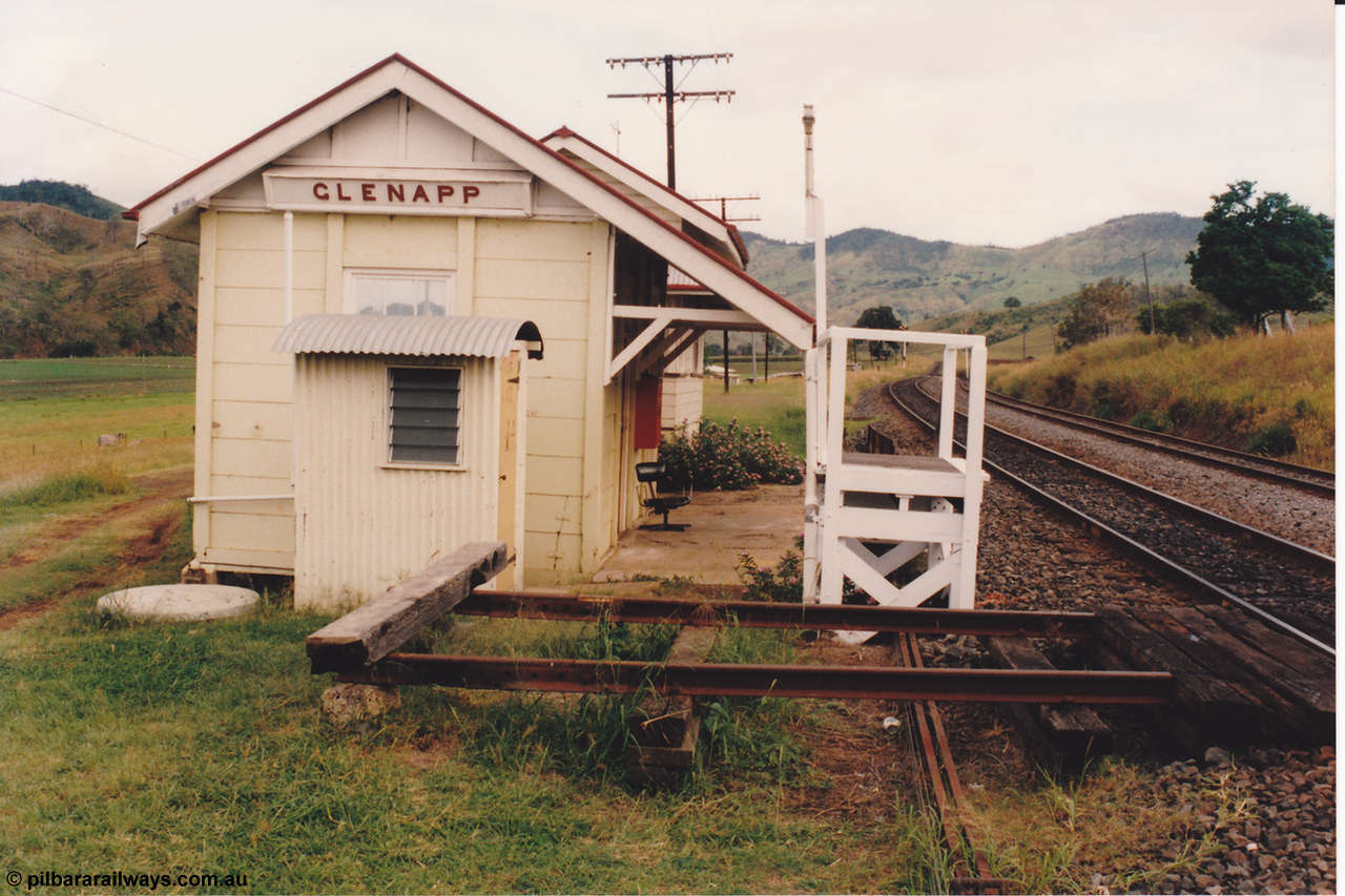 134-26
Glenapp, station overview, WC, station office room, signal box behind this, gangers' trolley pull off track, looking south, taken from platform.
