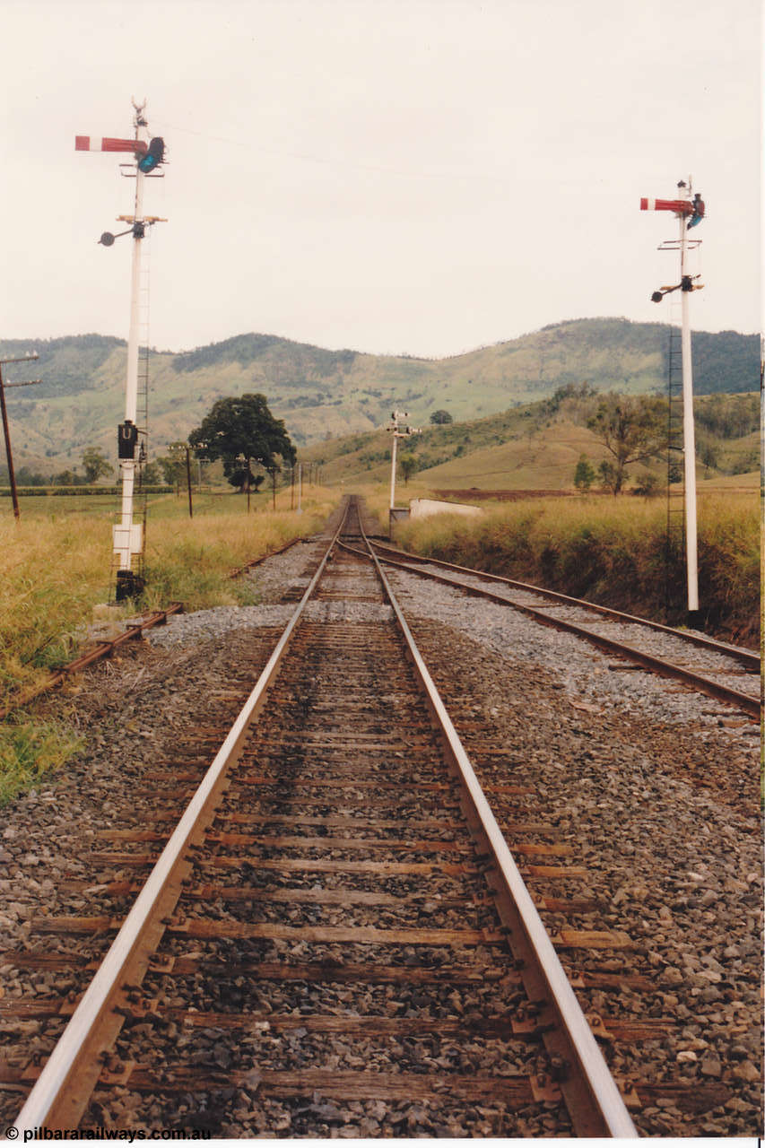 134-29
Glenapp, track view looking south from south end of loop, up departure signals, gangers shed in distance.
