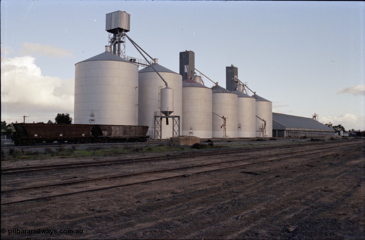 136-11
Deniliquin silo complex overview with Ascom style silos and a horizontal Victorian Oats Pool shed, yard view, broad gauge V/Line VHGF and VHGY class bogie grain waggons still in VR arrow livery.
Keywords: VHGF-type;VHGY-type;