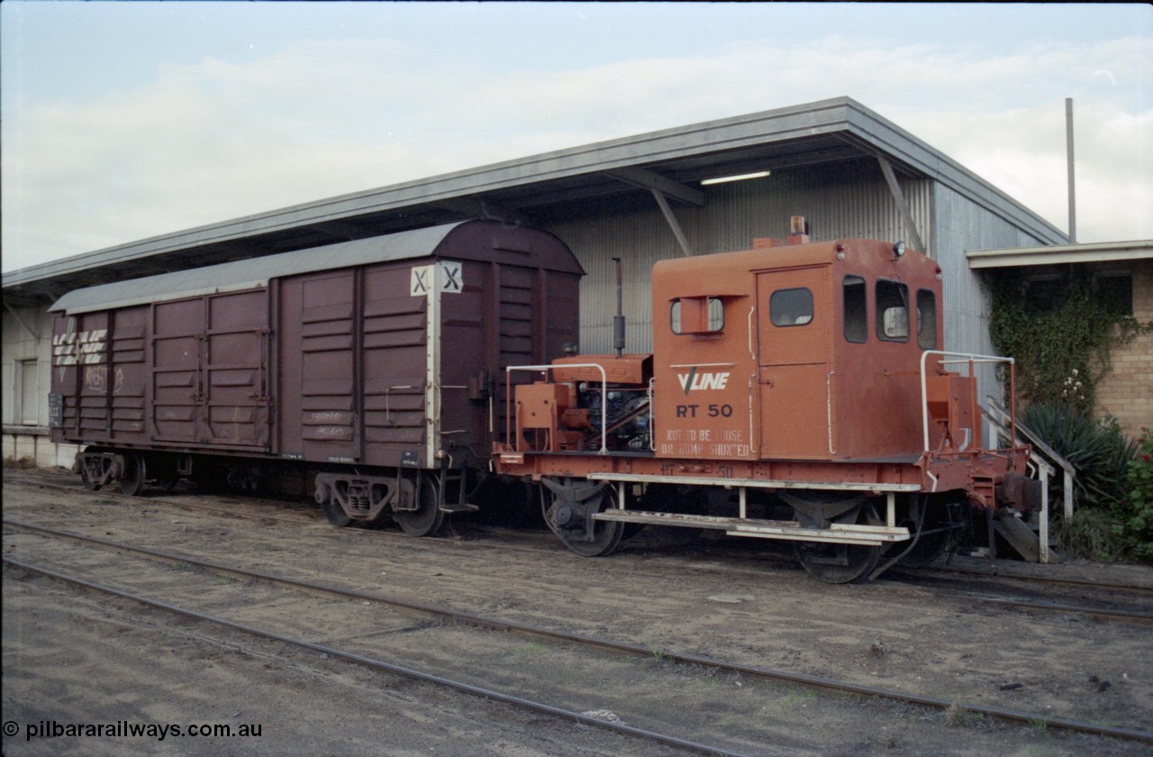 136-13
Deniliquin goods shed with broad gauge V/Line RT class Rail Tractor RT 50, originally an I class waggon I 7457 built in 1905, finally converted from IA class waggon 7457 by Ballarat North Workshops to RT in September 1969, and VLCX class bogie louvre van.
Keywords: RT-class;RT50;Victorian-Railways-Ballarat-Nth-WS;I-type;I7457;IA-type;IA7457;VLCX-type;