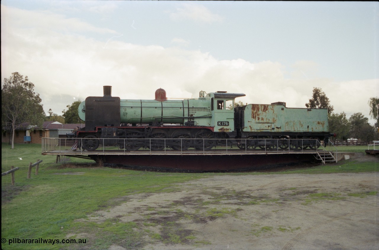 136-15
Deniliquin turntable just north and across the road from the yard, in its original location with K class steamer K 176 built by Newport Workshops in November 1941 as 2-8-0 Consolidation model, statically preserved on the turntable.
Keywords: K-class;K176;Victorian-Railways-Newport-WS;Consolidation;2-8-0;