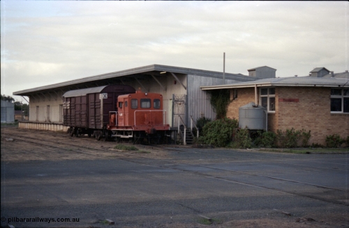 136-12
Deniliquin station overview, station building and goods shed, V/Line broad gauge rail tractor RT class RT 50, originally an I class waggon I 7457 built in 1905, finally converted from IA class waggon 7457 by Ballarat North Workshops to RT in September 1969, and VLCX class bogie louvre van.
Keywords: RT-class;RT50;Victorian-Railways-Ballarat-Nth-WS;I-type;I7457;IA-type;IA7457;VLCX-type;