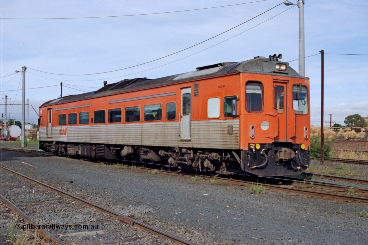 137-1-08
Seymour loco depot fuel point, broad gauge V/Line DRC class diesel rail car DRC 41 built in November 1971 by Tulloch Ltd pulls out of the fuel point after a drink and a wash.
Keywords: DRC-class;DRC41;Tulloch-Ltd-NSW;