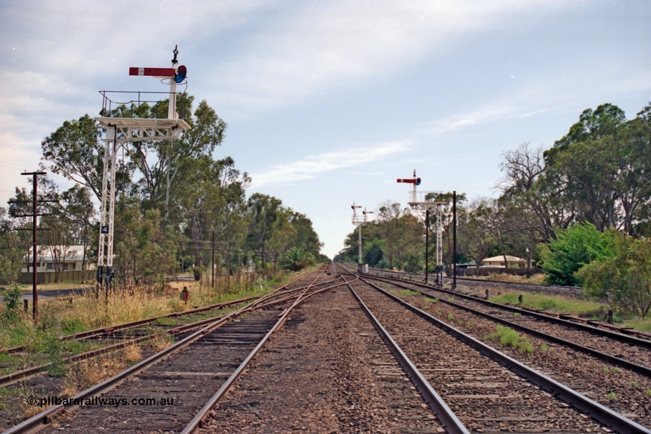 137-1-10
Euroa station yard overview looking north, down home lattice semaphore signal posts 4 and 5 with up home post 6 in the background, Road No.4 joining No.3 on the left, with double compound points to No.2 Rd (mainline), with No.1 Rd on the right with point rodding along side it, the standard gauge line on the far right.
