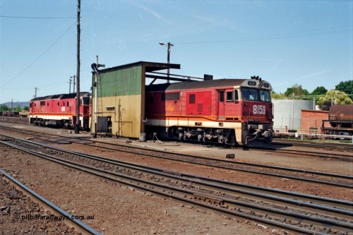 137-1-23
Albury loco depot fuel point, standard gauge NSWSRA 81 class locos 8159 Clyde Engineering EMD model JT26C-2SS serial 84-1078 and 8170 serial 85-1089 receive attention.
Keywords: 81-class;8159;Clyde-Engineering-Kelso-NSW;EMD;JT26C-2SS;84-1078;