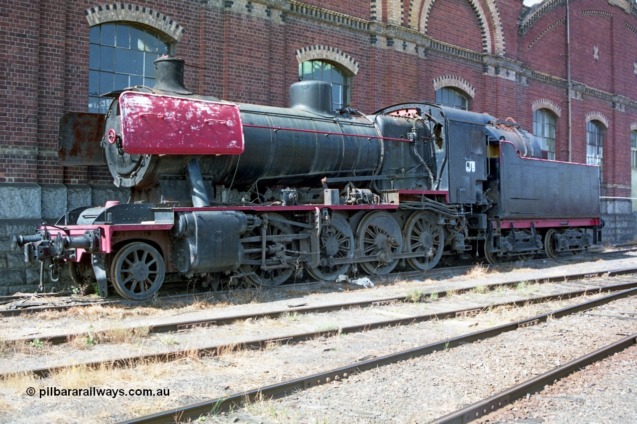 138-03
Bendigo Workshops building, Victorian Railways J class J 541 serial 6087 built by Vulcan Foundry, Newton-le-Willows in Lancashire, England in 1954, an oil burning Consolidation model 2-8-0 steam locomotive, stored.
