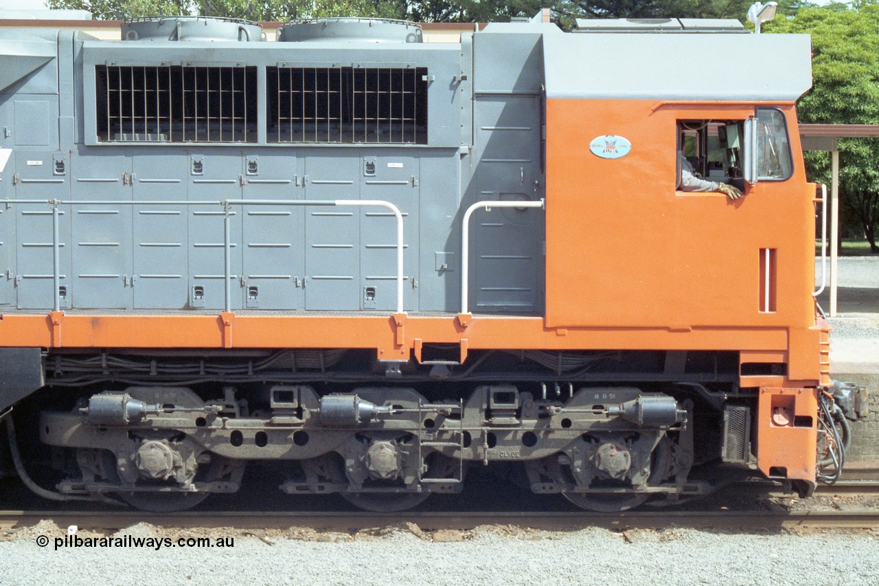 138-14
Bendigo station, cab side view of V/Line broad gauge N class Loco N 458 'City of Maryborough' Clyde Engineering EMD model JT22HC-2 serial 85-1226.
Keywords: N-class;N458;Clyde-Engineering-Somerton-Victoria;EMD;JT22HC-2;85-1226;