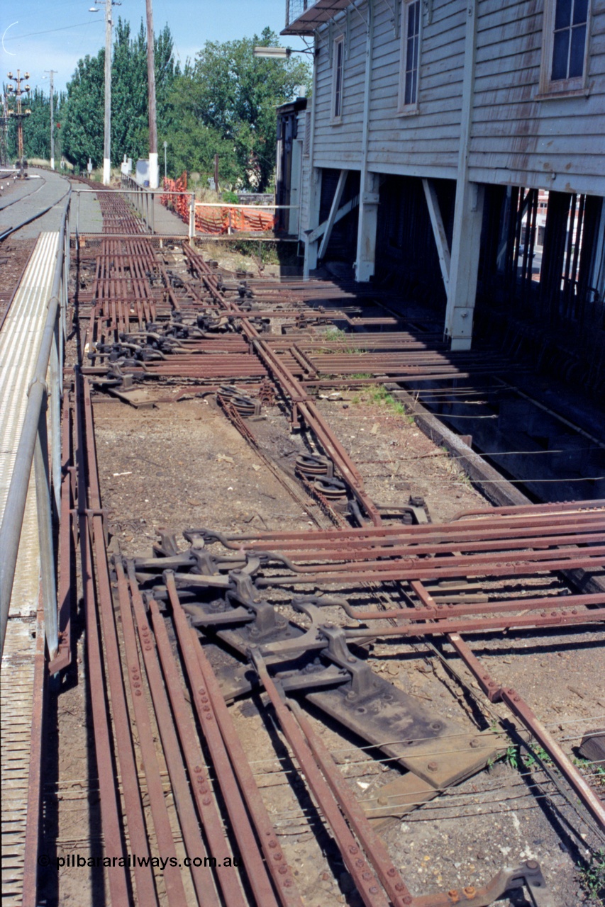 140-1-09
Ballarat A Signal Box, view of the point rodding and signal wires, good place to snap an ankle!.
