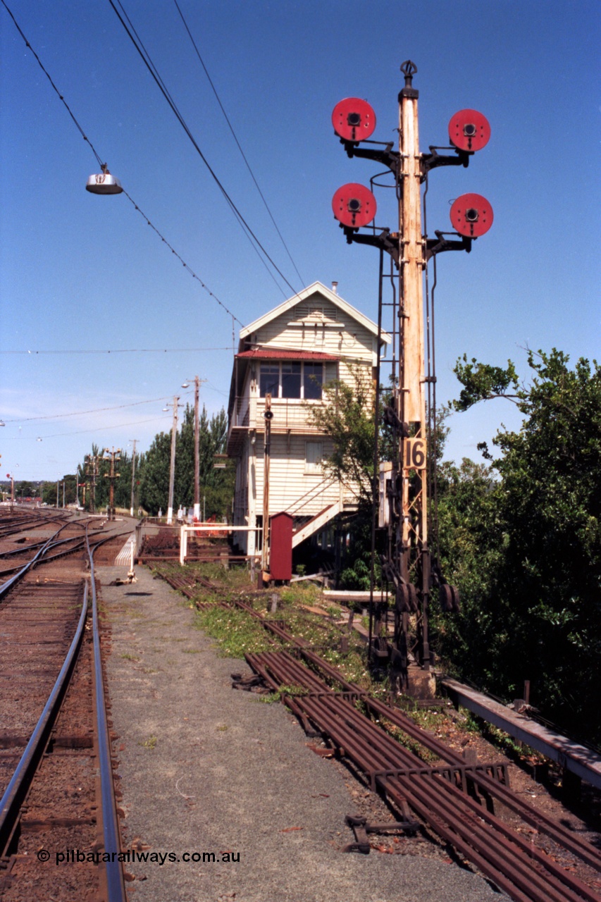 140-1-11
Ballarat Signal Box A, disc signal post 16, looking toward Ballarat East, point rodding.
