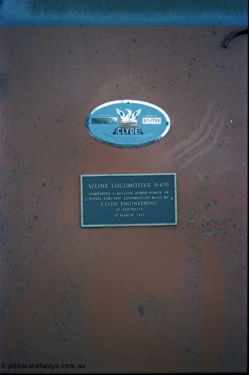 140-2-15
Ballarat station, builders plate shows V/Line N class N 470 'City of Wangaratta' Clyde Engineering EMD model JT22HC-2 serial 86-1199 commemorative plaque for 2 Million Horse Power of Diesel Electric locomotives built by Clyde Engineering in Australia, 10th March 1987.
Keywords: N-class;N470;Clyde-Engineering-Somerton-Victoria;EMD;JT22HC-2;86-1199;