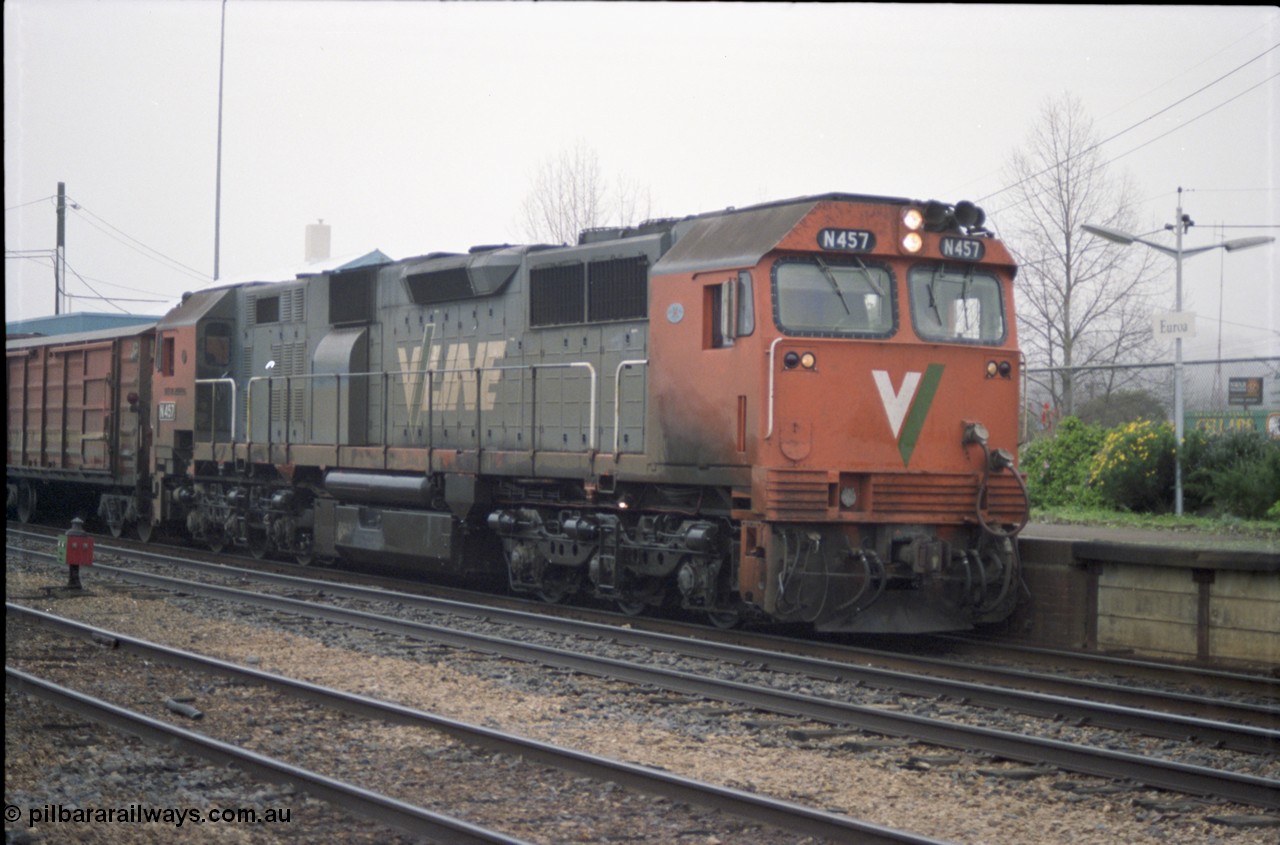 142-1-10
Euroa V/Line broad gauge N class N 457 'City of Mildura' Clyde Engineering EMD model JT22HC-2 serial 85-1225 leads an up Albury broad gauge passenger train.
Keywords: N-class;N457;Clyde-Engineering-Somerton-Victoria;EMD;JT22HC-2;85-1225;