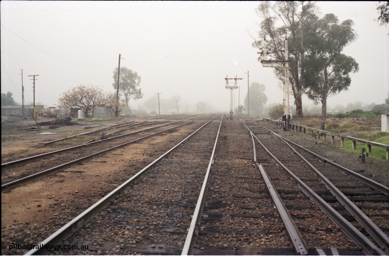 142-1-19
Benalla station yard overview looking north, disc signal post 35 stripped, Siding Z at right with crossover and points to mainline removed, three roads of Sidings R disconnected at left, signal post 33 up home remains for now.
