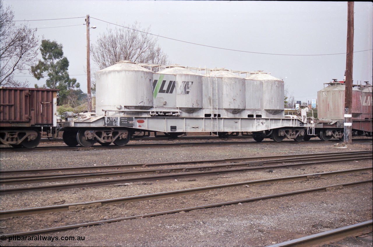 142-1-33
Benalla yard, stabled 9303 Wodonga goods, broad gauge V/Line VPLX type bogie pneumatic discharge lime (ex-flour) waggon VPLX 6, converted from VPFX type in December 1989, originally built February 1970 at Newport Workshops as an FX type bogie bulk flour hopper, recoded to VPFX in September 1979.
Keywords: VPLX-type;VPLX6;Victorian-Railways-Newport-WS;FX-type;