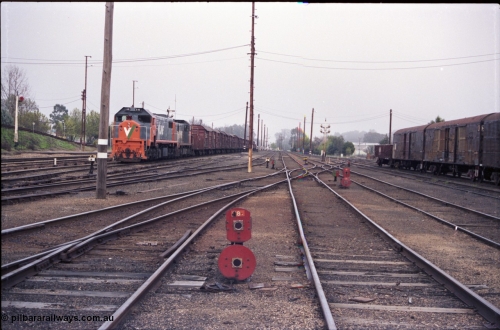 142-1-23
Benalla station yard overview looking south, dwarf disc signals 18 and 17 facing camera, 9303 stabled Wodonga goods with V/Line broad gauge locos X class X 48 Clyde Engineering EMD model G26C serial 75-795 and T class T 408 Clyde Engineering EMD model G18B serial 68-624, taken from Siding K, Dock D beside train, then 4, 5 and 6 Roads, dwarf discs facing away are 15, 13 and 10, disc signal post 12, NSW louvre vans at right.
Keywords: X-class;X48;Clyde-Engineering-Rosewater-SA;EMD;G26C;75-795;