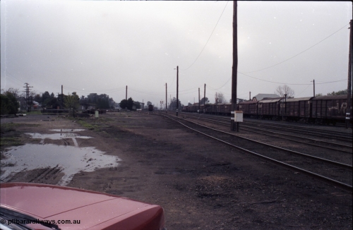 142-1-36
Benalla yard overview looking north down the goods yard, removed siding is evident, stabled Wodonga goods train 9303 at right

