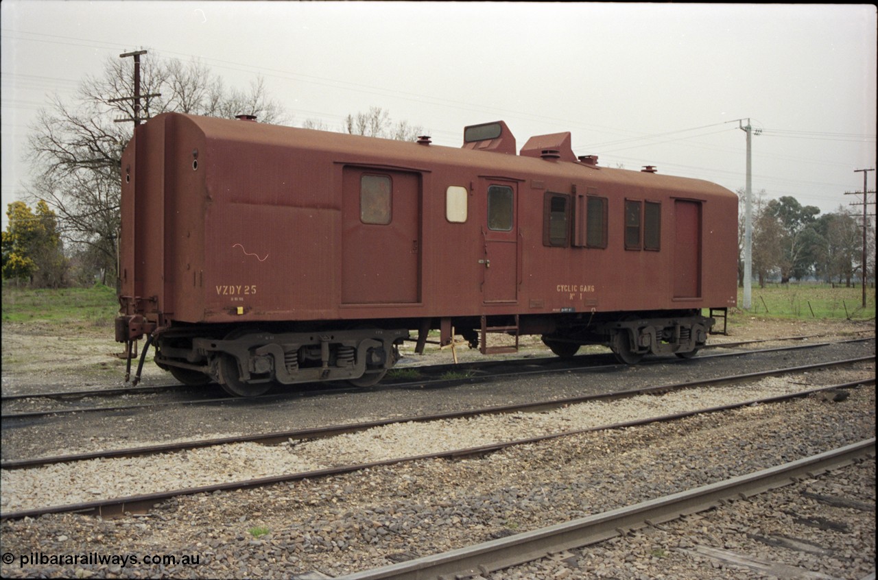 142-2-05
Barnawartha, V/Line broad gauge VZDY type bogie departmental waggon VZDY 25 'Cyclic Gang No. 1'. Built at Bendigo Workshops in June 1972 as a ZF type van, converted in December 1984 to VZDY.
Keywords: VZDY-type;VZDY25;Victorian-Railways-Bendigo-WS;ZF-van;