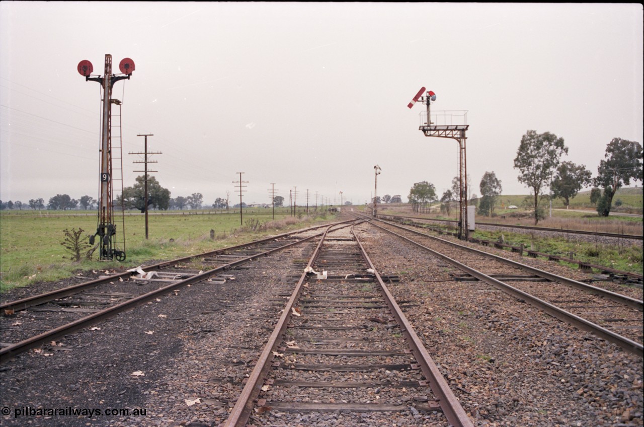 142-2-07
Barnawartha, yard overview looking north, disc signal post 9, semaphore signal posts 10, 11 and 18? pulled off indicating signal box switched out, derails on siding tracks, standard gauge on the far right.
