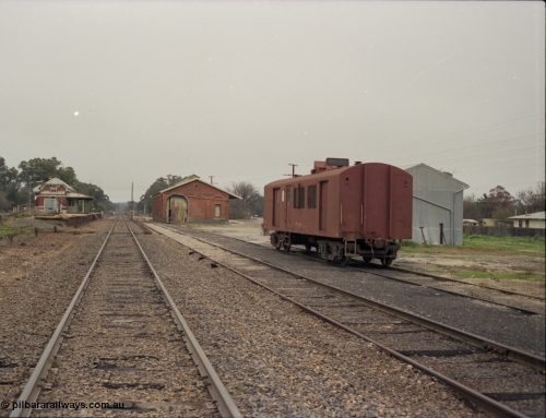 142-2-06
Barnawartha station yard overview, platform or No.1 Road removed, station building, goods shed, VZDY type bogie departmental waggon VZDY 25 'Cyclic Gang No. 1' and super phosphate shed. VZDY 25 was built at Bendigo Workshops in June 1972 as a ZF type van, converted in December 1984 to VZDY.
Keywords: VZDY-type;VZDY25;Victorian-Railways-Bendigo-WS;ZF-van;