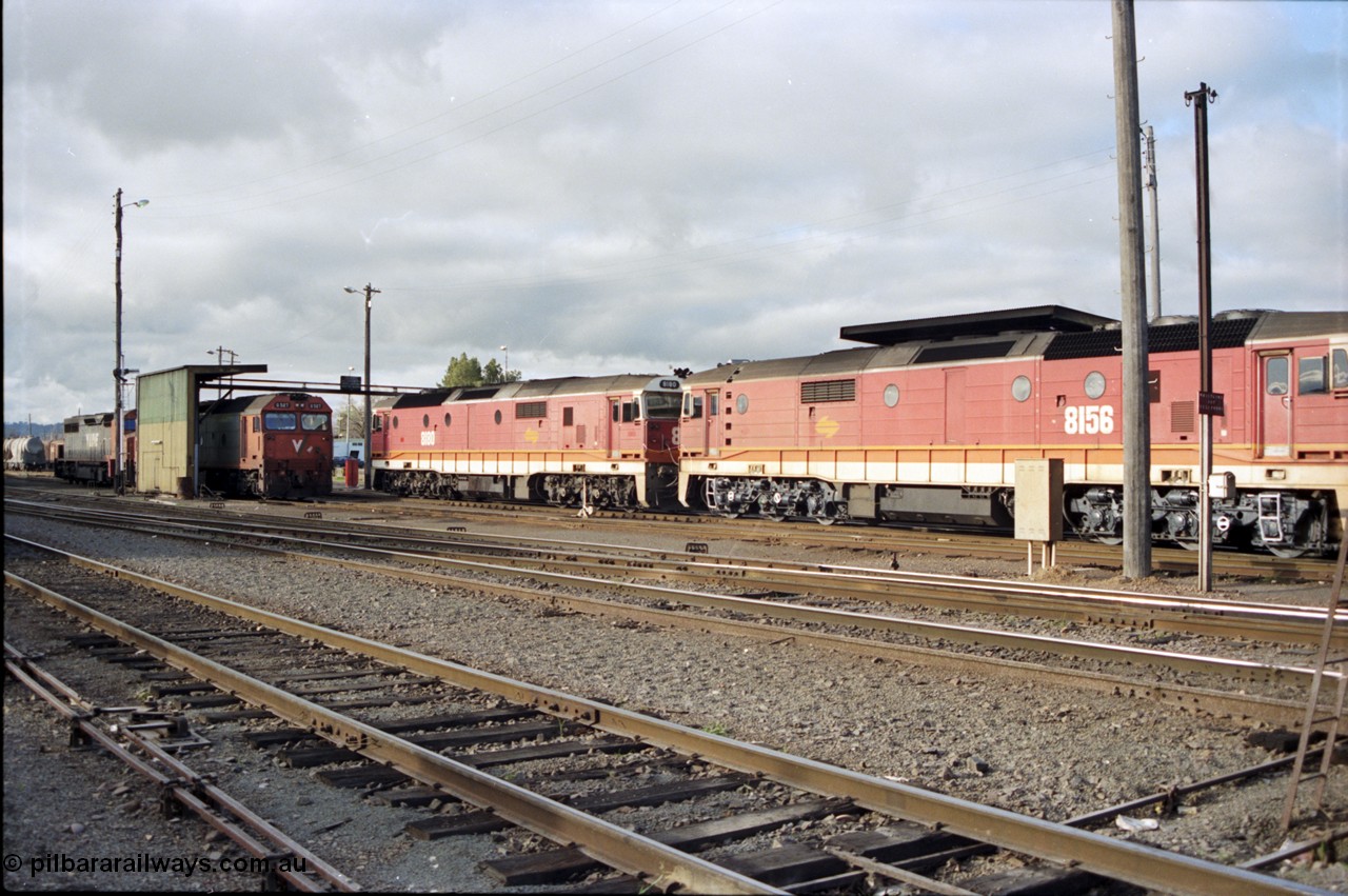 142-3-04
Albury loco depot fuel point overview, standard gauge V/Line G and C class locos at left with twin NSWSRA standard gauge candy liveried 81 class units 8180 Clyde Engineering EMD model JT26C-2SS serial 85-1099 and 8156 serial 84-1075 shunt past light engine.
Keywords: 81-class;8156;Clyde-Engineering-Kelso-NSW;EMD;JT26C-2SS;84-1075;