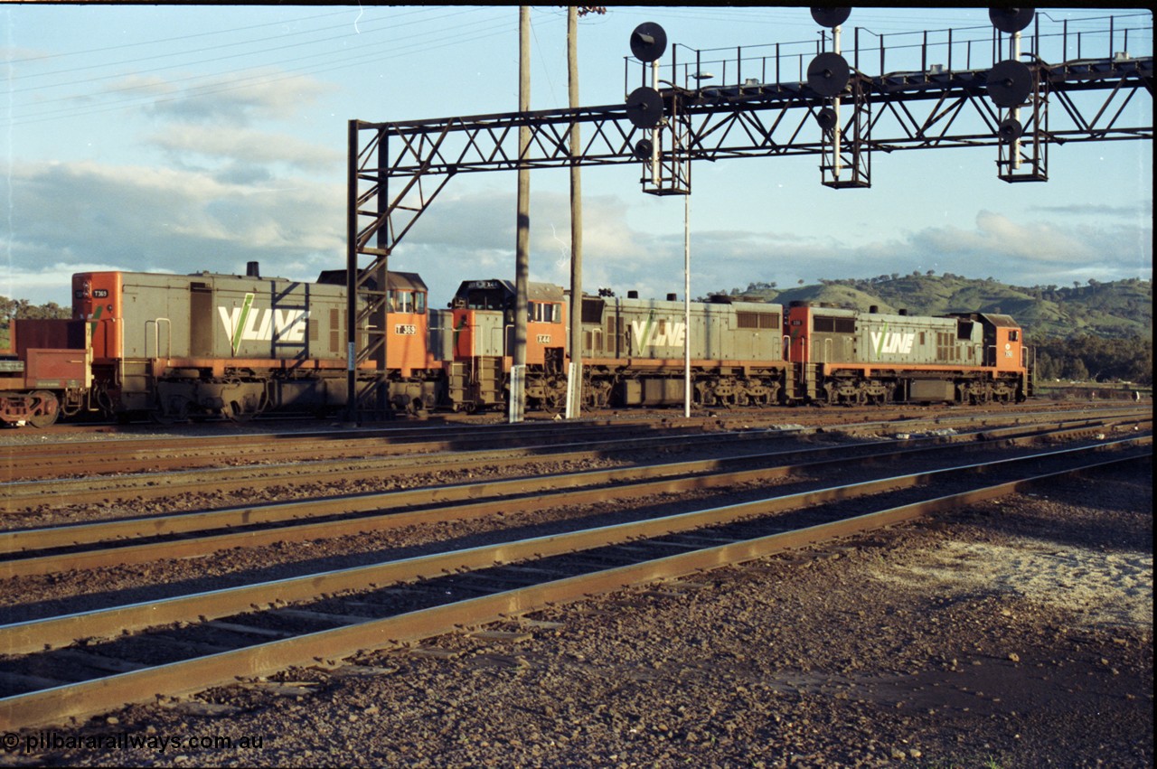 142-3-16
Albury south yard, V/Line broad gauge locos X classes, X 50 Clyde Engineering EMD model G26C serial 75-797 and X 44 serial 70-707 and T class T 369 Clyde Engineering EMD model G8B serial 64-324 are on the point of up Albury steel train 9334, awaiting departure time, trailing view.
Keywords: T-class;T369;Clyde-Engineering-Granville-NSW;EMD;G8B;64-324;