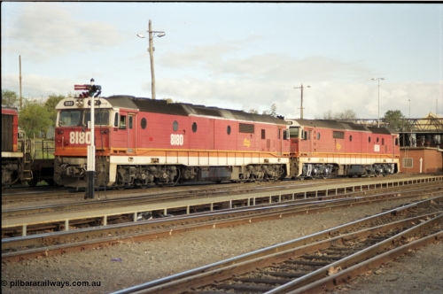 142-3-03
Albury station yard, standard gauge NSWSRA candy liveried 81 class locos 8180 Clyde Engineering EMD model JT26C-2SS serial 85-1099 and 8156 shunt light engine to the loco fuel point after running a goods down from Sydney, semaphore signal post.
Keywords: 81-class;8180;Clyde-Engineering-Kelso-NSW;EMD;JT26C-2SS;85-1099;