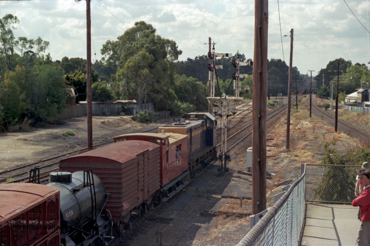 143-08
Wangaratta, down Wahgunyah Special 'Stringybark Express' departs up home semaphore past signal Post 23 with broad gauge VR liveried Y class Y 133 Clyde Engineering EMD model G6B serial 65-399, leading ZL type six wheel guards van ZL 2, U type four wheel louvre van U 892 and WT type four wheel water tank WT 236, sidings in the background are extensions of 3, 4 and 5 Roads, the Rowan Street underpass is visible beyond along with the Ovens River bridge, the standard gauge line is on the right.
