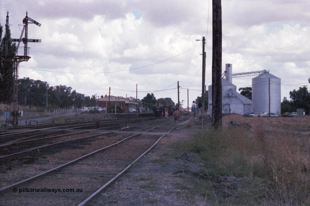 143-12
Springhurst station yard overview with semaphore signal Post 4 pulled for the Wahgunyah line as broad gauge VR liveried Y class Y 133 Clyde Engineering EMD model G6B serial 65-399 slows to exchange the electric staff for the ordinary staff with the down broad gauge 'Stringybark Express' mixed special, station building with signaller at staff exchange platform, Murphy silo complex and Victorian Oats Pool shed on the right.
