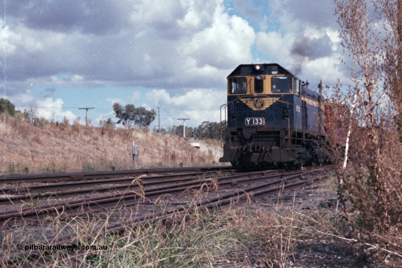 143-15
Springhurst, broad gauge VR liveried Y class Y 133 Clyde Engineering EMD model G6B serial 65-399 blast out of No. 2 Rd onto the Wahgunyah line with the down Wahgunyah mixed 'Stringybark Express' special, standard gauge line is on the embankment in the background, damn weeds...
Keywords: Y-class;Y133;Clyde-Engineering-Granville-NSW;EMD;G6B;65-399;