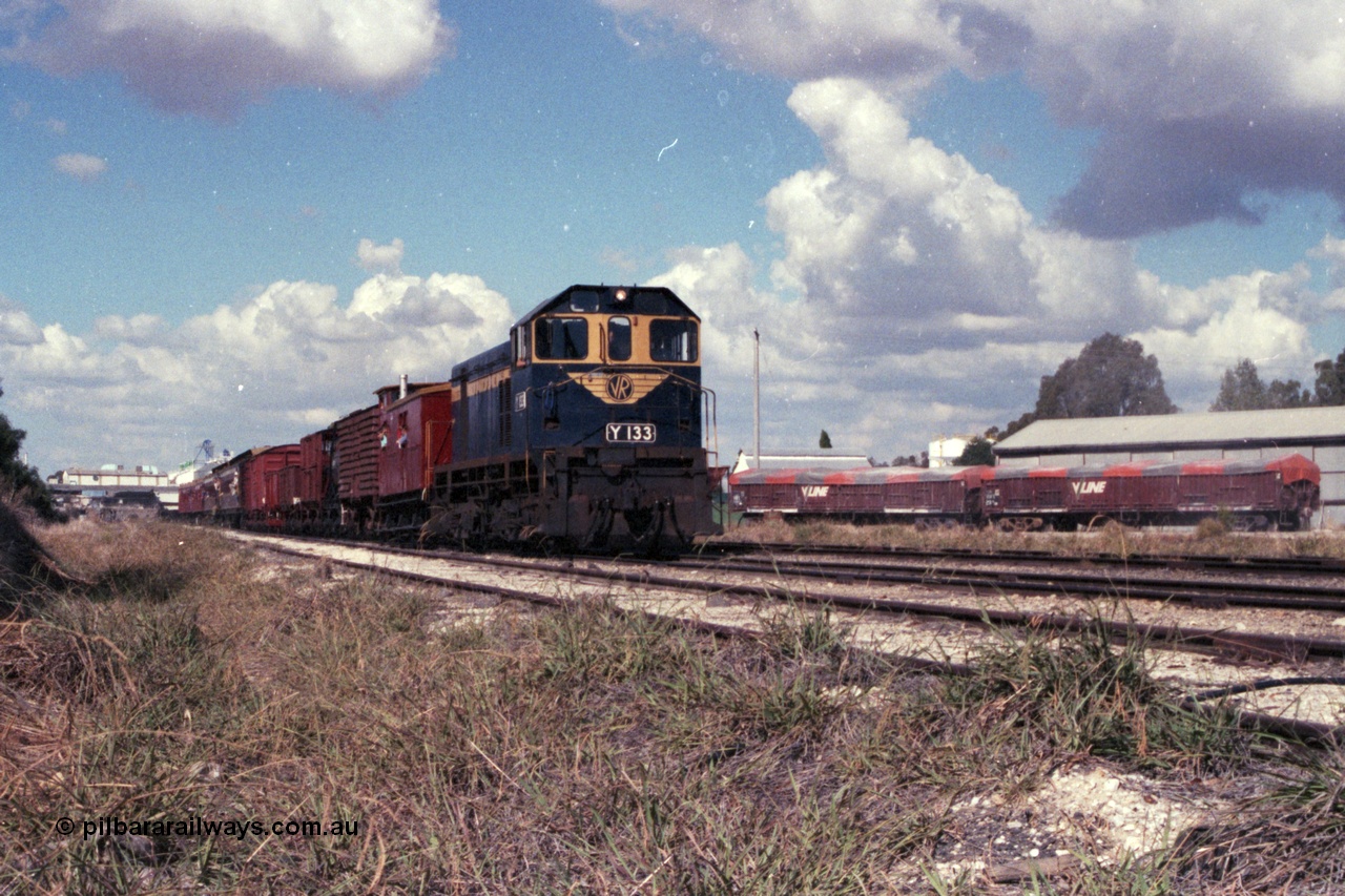 143-26
Wahgunyah, broad gauge VR liveried Y class Y 133 Clyde Engineering EMD model G6B serial 65-399 leads the arriving 'Stringybark Express' mixed special into the yard past some V/Line VOFX type bogie super phosphate waggons and sheds on the right.
Keywords: Y-class;Y133;Clyde-Engineering-Granville-NSW;EMD;G6B;65-399;