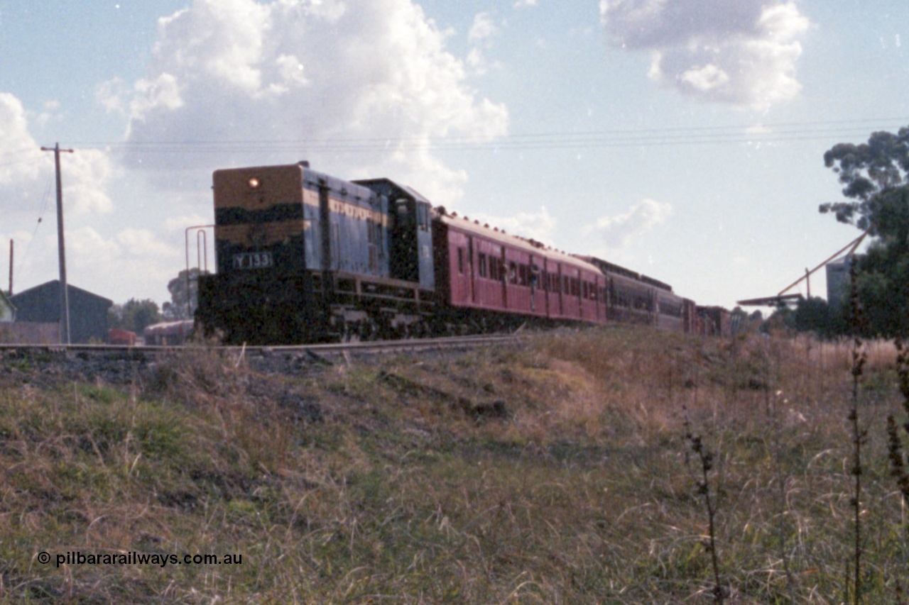 143-31
Wahgunyah, up 'Stringybark Express' mixed special powered by broad gauge VR liveried Y class Y 133 Clyde Engineering EMD model G6B serial 65-399 departs for Rutherglen, the super sheds and waggons visible to the left of the loco and the grain silos on the right, 2 BCPL class bogie passenger carriages lead the consist.
Keywords: Y-class;Y133;Clyde-Engineering-Granville-NSW;EMD;G6B;65-399;