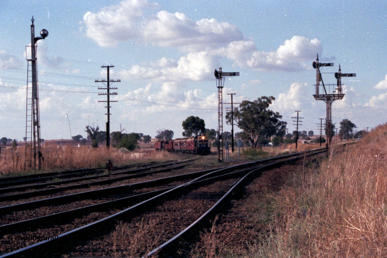 144-02
Springhurst yard view looking north, up Wahgunyah 'Stringybark Express' mixed special hauled by broad gauge VR liveried Y class Y 133 Clyde Engineering EMD model G6B serial 65-399 on the Wahgunyah awaits line clear into the yard at semaphore signal Post 6, the Up Home Wahgunyah Line, the other signals are disc Post 5 from Siding A and on the right is semaphore signal Post 8 the Up Home Wodonga Line, the embankment at the far right is the standard gauge flyover.
