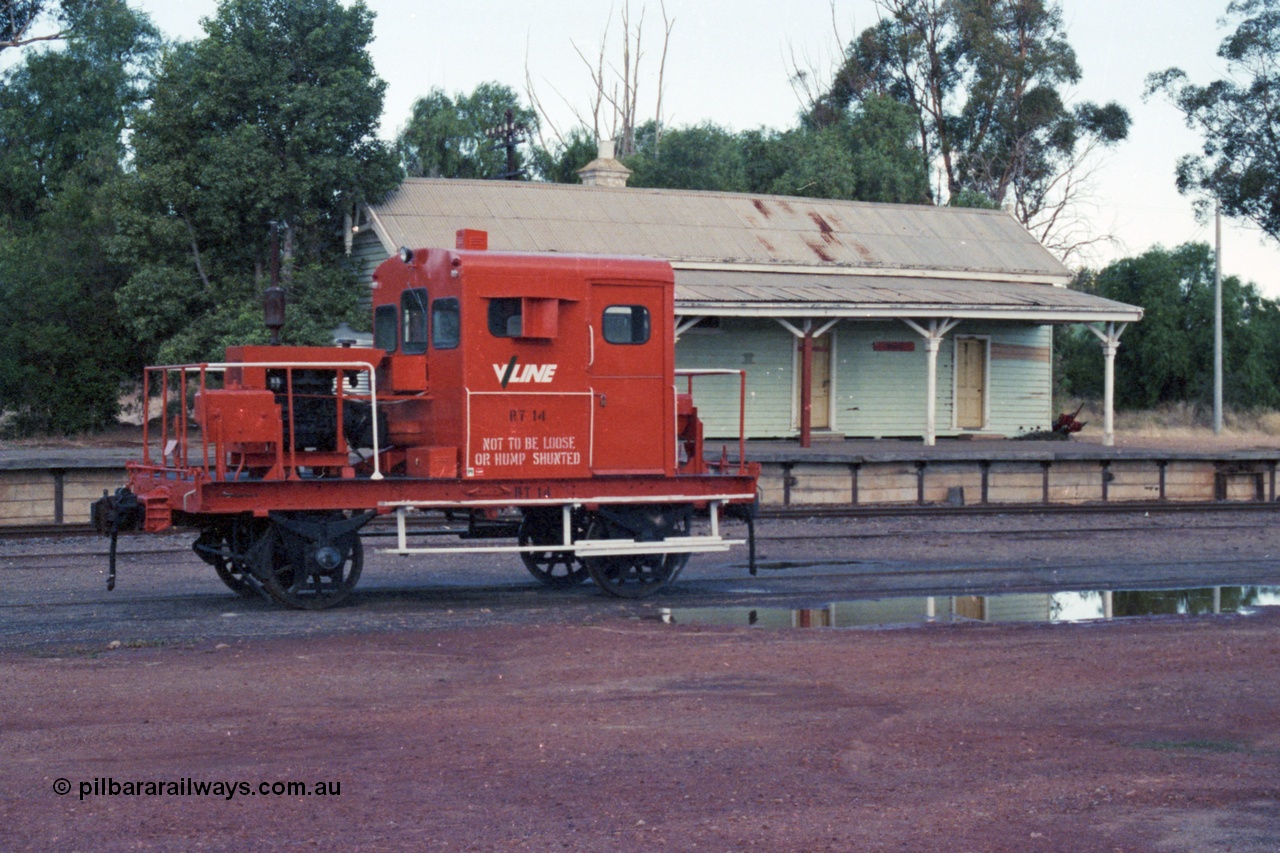144-35
Boort station building and platform overview, signal levers at right of building, broad gauge V/Line RT class rail tractor RT 14. RT 14 was built new by Newport Workshops June 1959.
Keywords: RT-class;RT14;Victorian-Railways-Newport-WS;