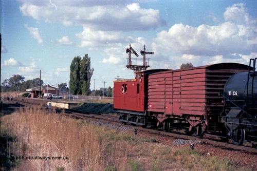 144-06
Springhurst station yard overview as the ZL type six wheel brake van ZL 2 rolls out past Up Home semaphore signal Post 3 on what is the last broad gauge mixed train 'Stringybark Express' to use the Wahgunyah line.

