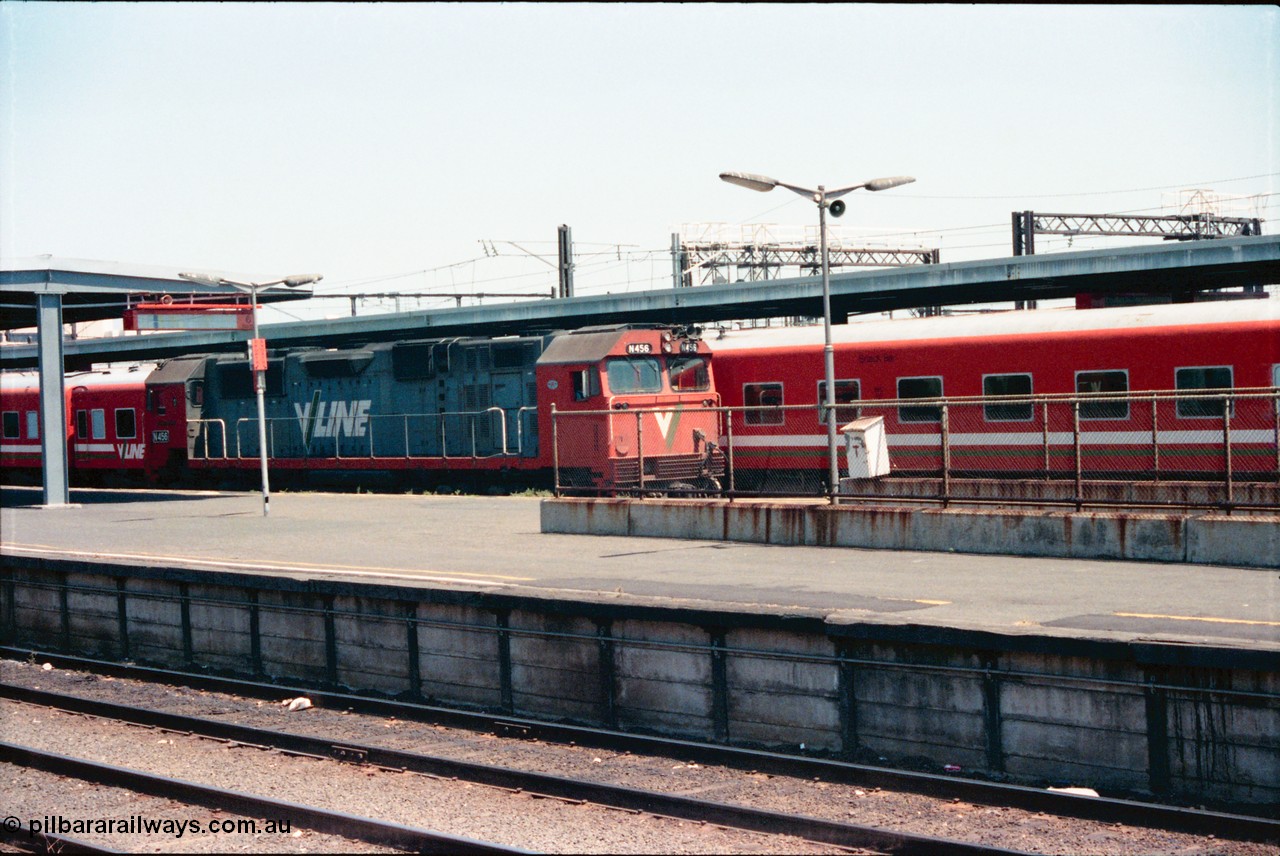 145-06
Spencer Street Station, view across to platforms 6 and 7, broad gauge V/Line N class loco N 456 'City of Colac' with serial 85-1224 a Clyde Engineering Somerton Victoria built EMD model JT22HC-2 shunts around the yard.
Keywords: N-class;N456;Clyde-Engineering-Somerton-Victoria;EMD;JT22HC-2;85-1224;
