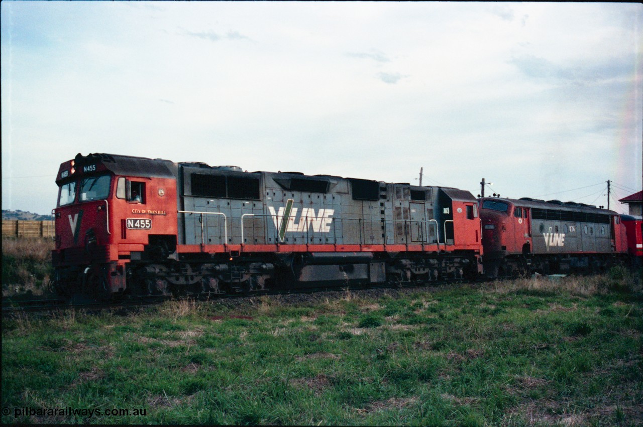 145-29
Wallan, down broad gauge Seymour pass hauled by V/Line N class N 455 'City of Swan Hill' Clyde Engineering EMD model JT22HC-2 serial 85-1223 and veteran B class B 76 Clyde Engineering EMD model ML2 serial ML2-17.
Keywords: N-class;N455;Clyde-Engineering-Somerton-Victoria;EMD;JT22HC-2;85-1223;