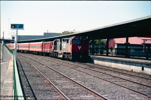 145-11
Spencer Street Station dual gauge Platform Number 1, broad gauge V/Line N class N 452 'Rural City of Wodonga' Clyde Engineering EMD model JT22HC-2 serial 85-1220 arrives with a 5 car N set.
Keywords: N-class;N452;Clyde-Engineering-Somerton-Victoria;EMD;JT22HC-2;85-1220;