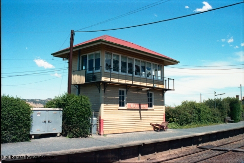145-14
Wallan signal box was a rarity in that all interlocking connections went out behind the box rather than out through the platform coping, it is located on the up platform, view across pit from down platform.
