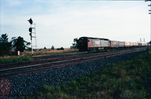 145-24
Wallan Loop, north end of standard gauge loop, broad gauge tracks in front, V/Line G class G 522 Clyde Engineering EMD model JT26C-2SS serial 86-1235 is crossing Boundary Rd with a down north bound goods.
Keywords: G-class;G522;Clyde-Engineering-Rosewater-SA;EMD;JT26C-2SS;86-1235;