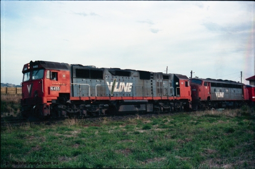 145-29
Wallan, down broad gauge Seymour pass hauled by V/Line N class N 455 'City of Swan Hill' Clyde Engineering EMD model JT22HC-2 serial 85-1223 and veteran B class B 76 Clyde Engineering EMD model ML2 serial ML2-17.
Keywords: N-class;N455;Clyde-Engineering-Somerton-Victoria;EMD;JT22HC-2;85-1223;