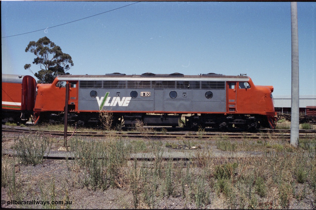 146-02
Seymour loco depot, broad gauge V/Line B class B 80 Clyde Engineering EMD model ML2 serial ML2-21 side view.
Keywords: B-class;B80;Clyde-Engineering-Granville-NSW;EMD;ML2;ML2-21;bulldog;