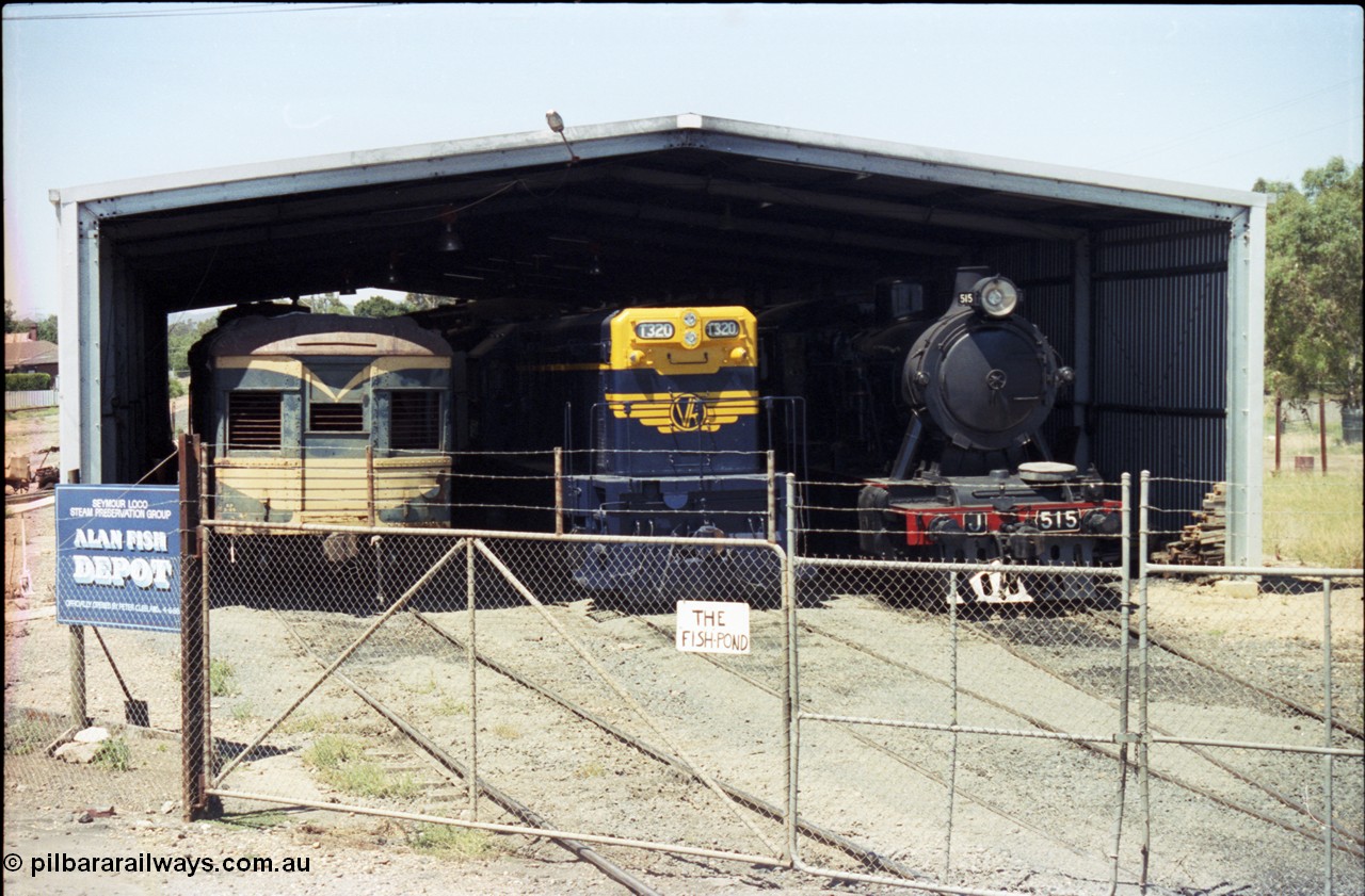 146-14
Seymour Loco Steam Preservation Group (SRHC) depot view, railcar, flat top T class leader T 320 Clyde Engineering EMD model G8B serial 55-63 and J class steam engine J 515.
