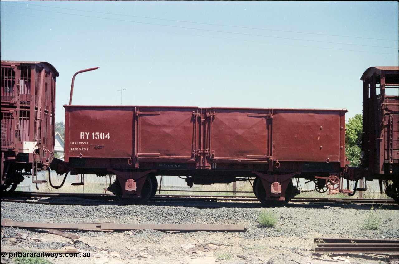 146-18
Seymour, preserved broad gauge Victorian Railways RY type four wheel open waggon RY 1504, side view. Built as a GZ type bulk grain waggon in 1938 at Newport Workshops, in 1956 recoded to IZ type, then in 1965 to RY type.
Keywords: RY-type;RY1504;GZ-type;