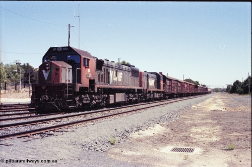 146-06
Seymour, rationalised broad gauge yard view with stabled Wodonga goods train 9303, behind V/Line X class X 47 Clyde Engineering EMD model G26C serial 75-794 and T class T 409 Clyde Engineering EMD model G18B serial 68-625.
Keywords: X-class;X47;Clyde-Engineering-Rosewater-SA;EMD;G26C;75-794;