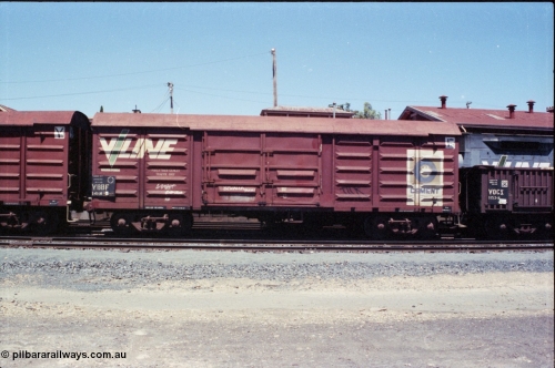 146-09
Seymour, rationalised broad gauge yard, V/Line VBBF type bogie louvre van VBBF 141 stencilled for Blue Circle Cement, 'Palletised Cement Traffic Only'. Started out built new June 1962 at Newport Workshops as BLF type BLF 141, December 1979 coded VBBY, then 1988 to VBBF.
Keywords: VBBF-type;VBBF141;BLF-type;
